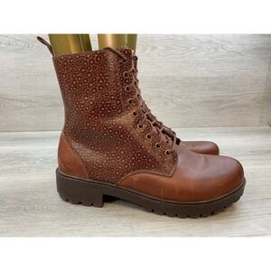 Alegria Women's Brown Leather Floral Faux 12 Fur Lined Combat Comfort Boots